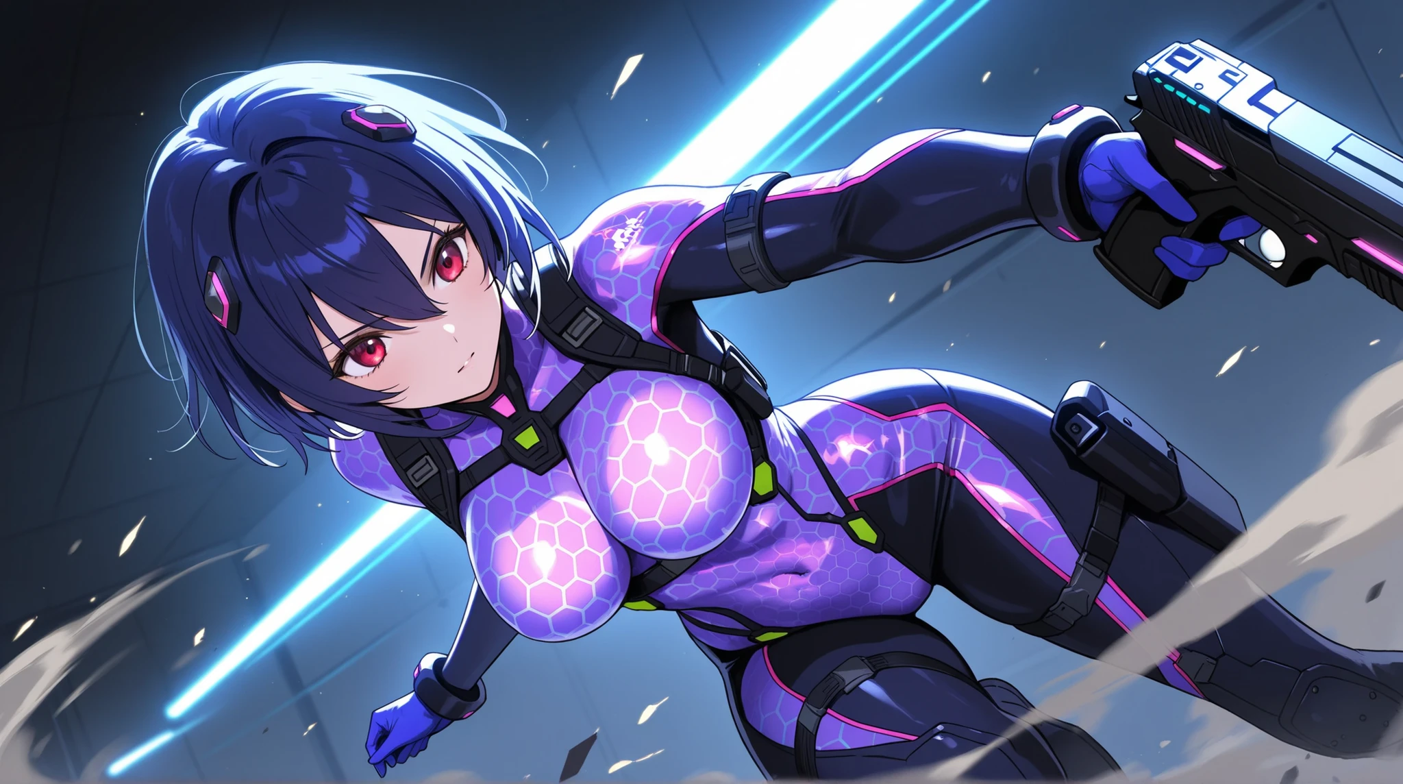 female, NEON HARNESS, HONEYCOMB DESIGN BODYSUIT,  cyber handgun ,    DYNAMIC ACTION,