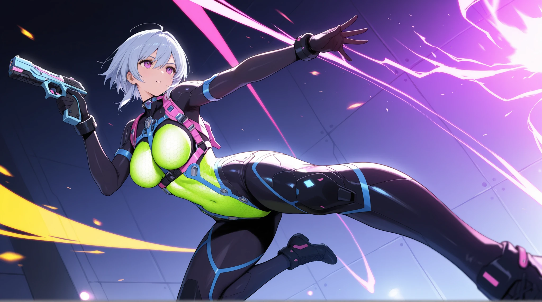 female, NEON HARNESS, HONEYCOMB DESIGN BODYSUIT,  cyber handgun ,    DYNAMIC ACTION,