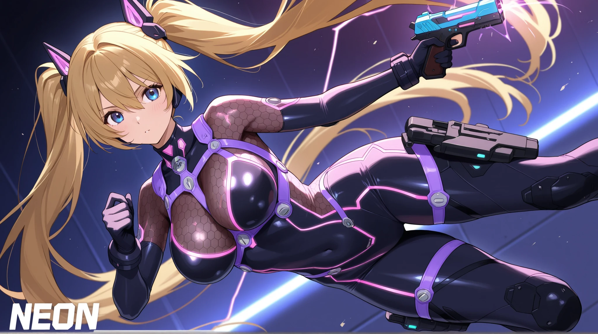 female, NEON HARNESS, HONEYCOMB DESIGN BODYSUIT,  cyber handgun ,    DYNAMIC ACTION,