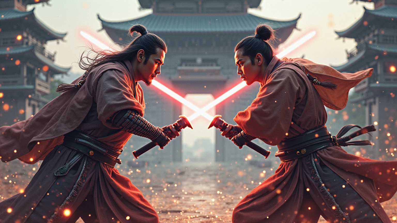two Japanese samurai dueling using lightsabers.