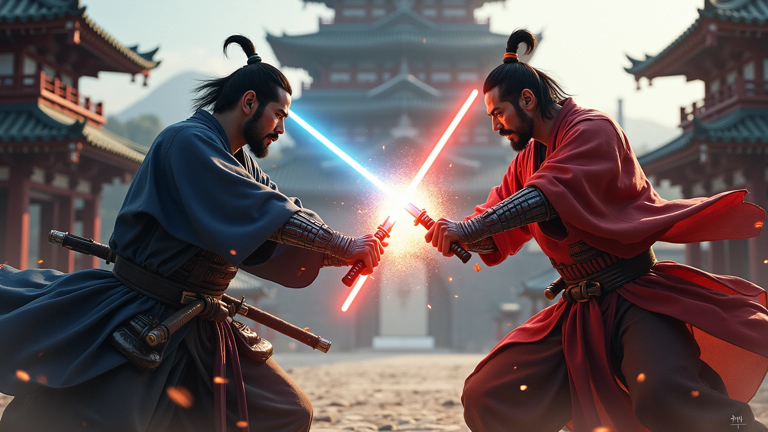 two Japanese samurai dueling using lightsabers.