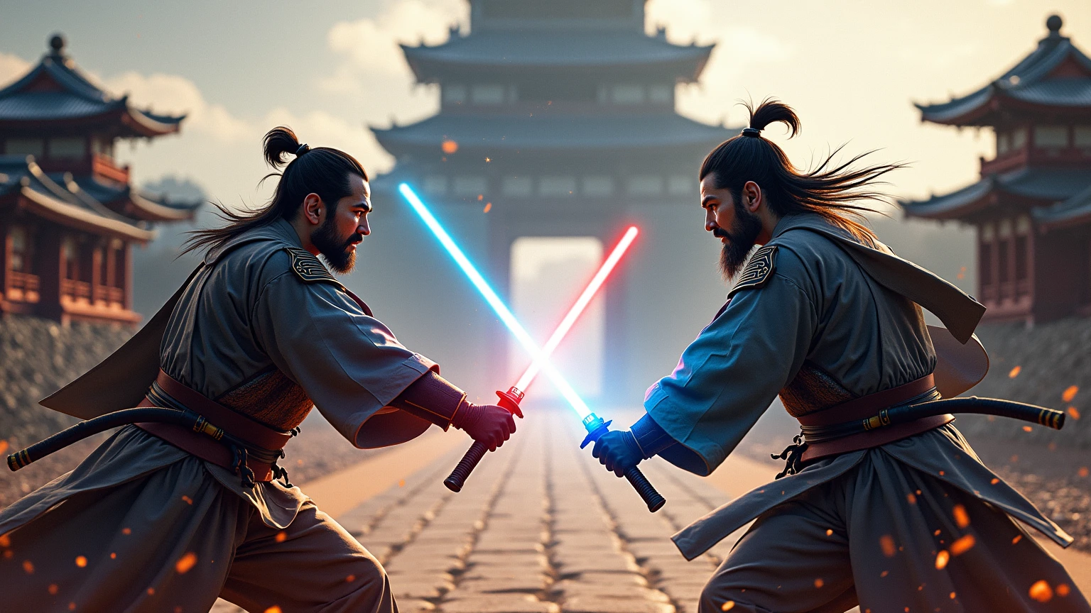 two Japanese samurai dueling using lightsabers.