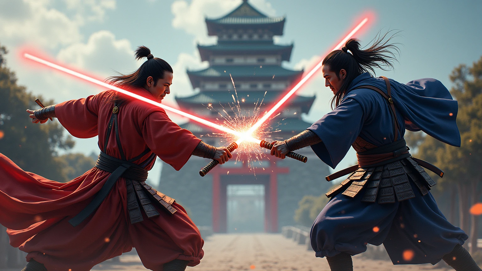 two Japanese samurai dueling using lightsabers.
