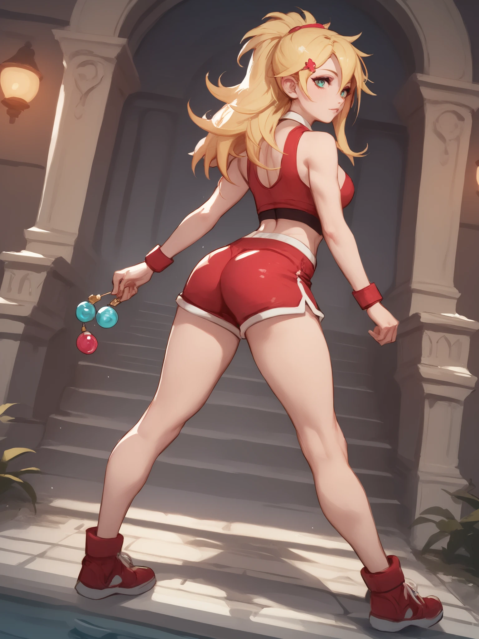 young girl, long blonde hair, Hairpin with a bundle, turquoise eyes, red tight uniform, Sleeveless, Wide neckline on the chest to the abdomen, Gold Elements, Red outfit, Shorts, Masterpiece, hiquality, 4k, HD, Good details, full body back view, back overview, Long Hair,