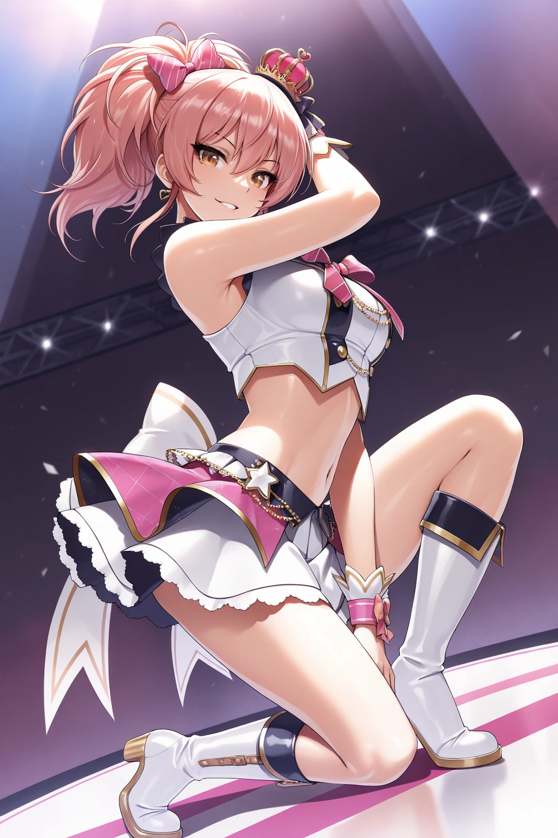 1girl, solo, masterpiece, pop idol, pink hair, pigtails, twin-tails, green eyes, blush, smile, cute face, cat-eared headphones, idol outfit, ((frilly, midriff, sleeveless, 1cutout, cleavage cutout, matching gloves)), ((matching boots)), ((bike shorts, pleated skirt, miniskirt)), (bubbles, stage backdrop), day, depth of field, cowboy shot, sparkles, full body shot, full body with costume, perfect anatomy, standing, age 17, ((perfect hands)). medium breasts