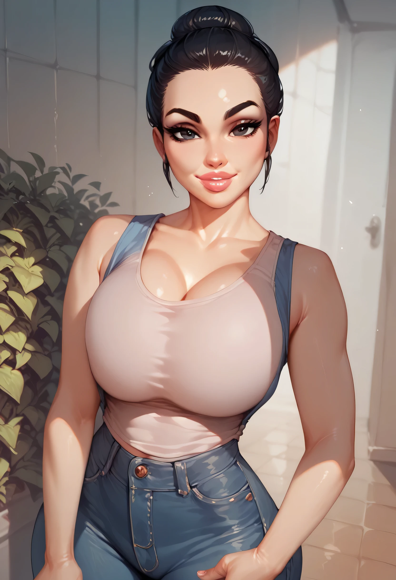 1girl, looking at viewer, black hair, (top knot hair bun), (forehead), black eyebrows, thin eyebrows, black eyes, nose, lips, thick lips, smile, tank top, (blue tank top), huge breasts, denim pants, jeans pants, standing