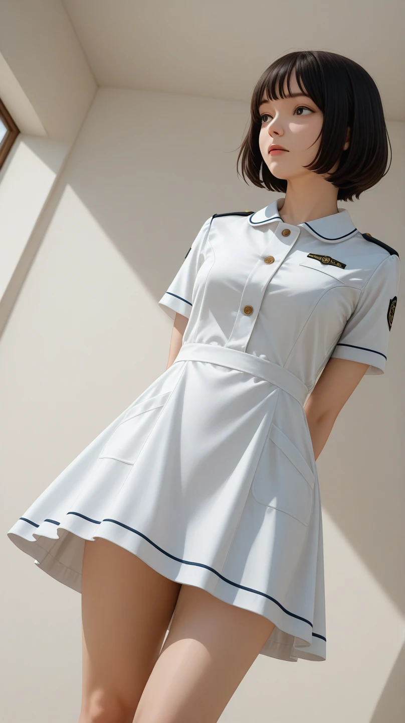 (1 Korean star with royal sister style), ((Best quality, 8K, 巨作: 1.3)), focal point: 1.2, Perfect body beauty: 1.4, (Smile), (Sunset: 1.3), Watery eyes, highly detailed face and skin textures, Fine eyes, Double eyelids, Whitens the skin, (Long hair, Air bangs: 1.3), (Round face: 1.5), (Uniform: 1.4), (Stand in the park: 1.6),(Black stockings: 1.4),(film grain style:1.3),a sense of atmosphere