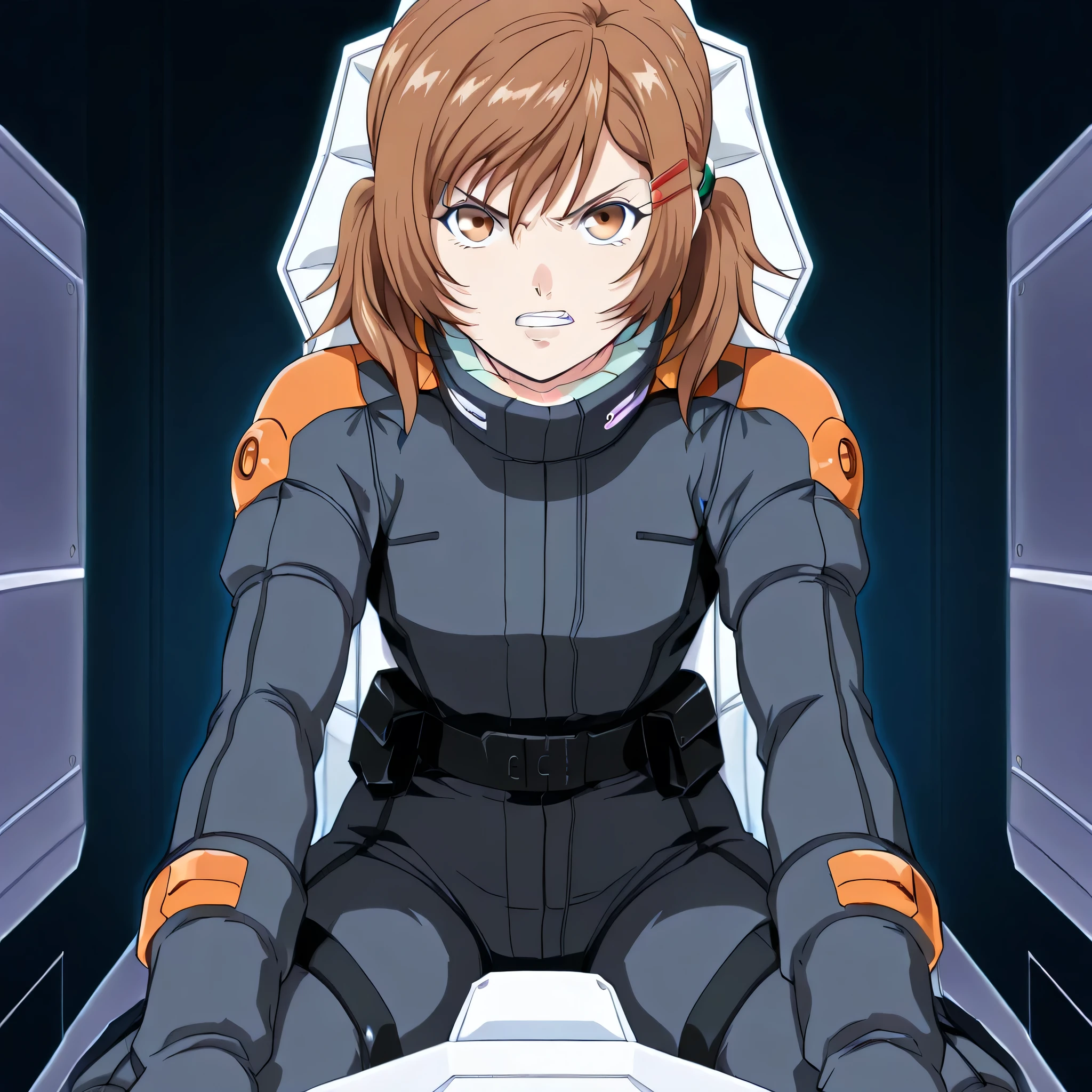 ultra-High resolution, score_9,score_8_up,score_7_up,score_6_up,score_5_up,score_4_up, BREAK, source_anime, anime screencap, uncensored, rating_explicit, Masterpiece, curvy, dark persona, looking at viewer, Fighting Stance, (((solo, 1girl))), hair ornament, (((zabiarov, pilotsuit, black pilotsuit, pilot gloves, pilotshoes))), ZetaGBTT, seductive pose, submissive pose, small breast, misa_GB, brown hair, brown eyes, flat chest, hair ornament, hair clip, asymmetrical hair, short twintails, mecha pilot suit, utility belt, cowboy shot, straight-on, cockpit, leaning forward, serious expression, clenched teeth, sitting,