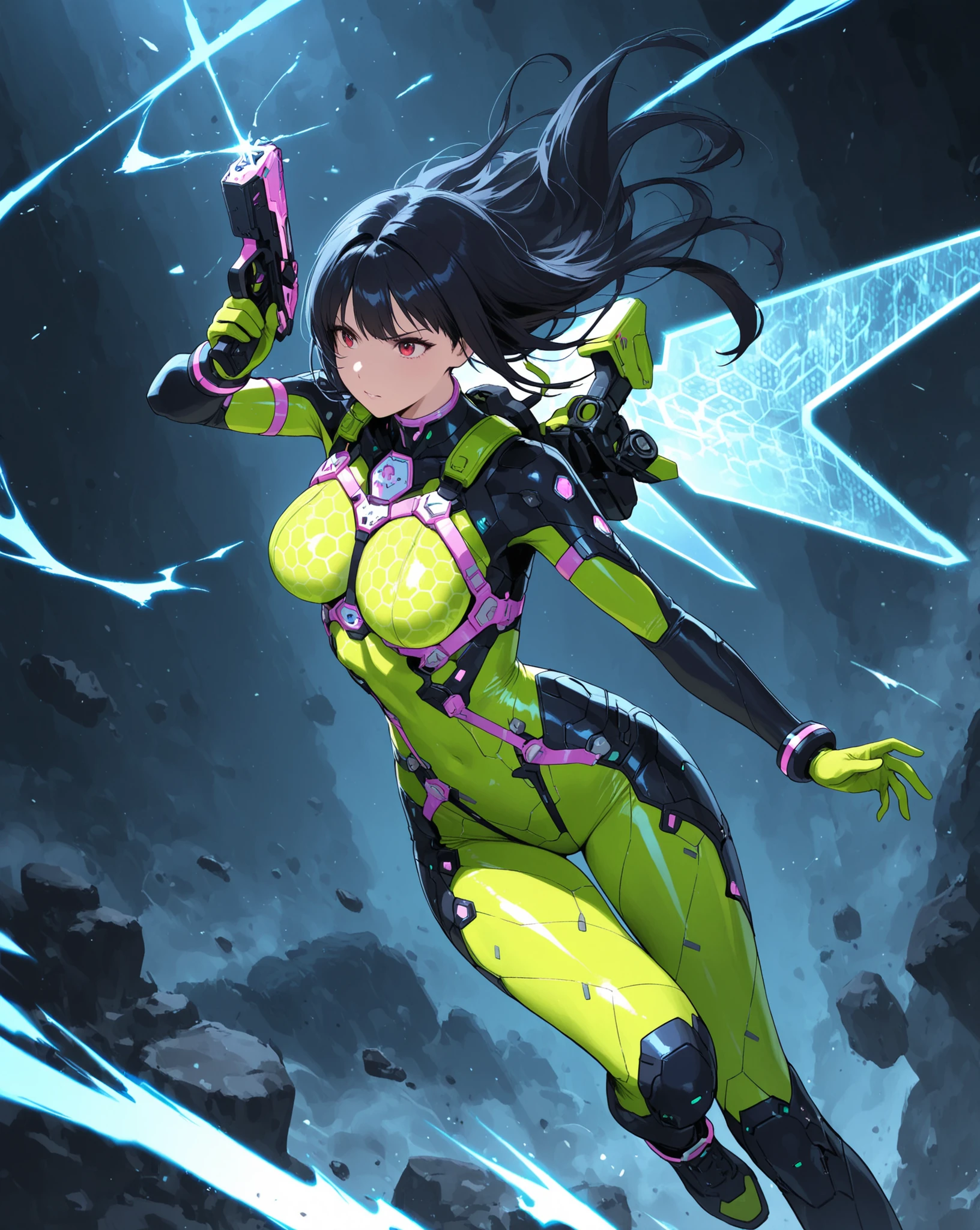 female, NEON HARNESS, HONEYCOMB DESIGN BODYSUIT, cyber handgun , energy shield, DYNAMIC ACTION,