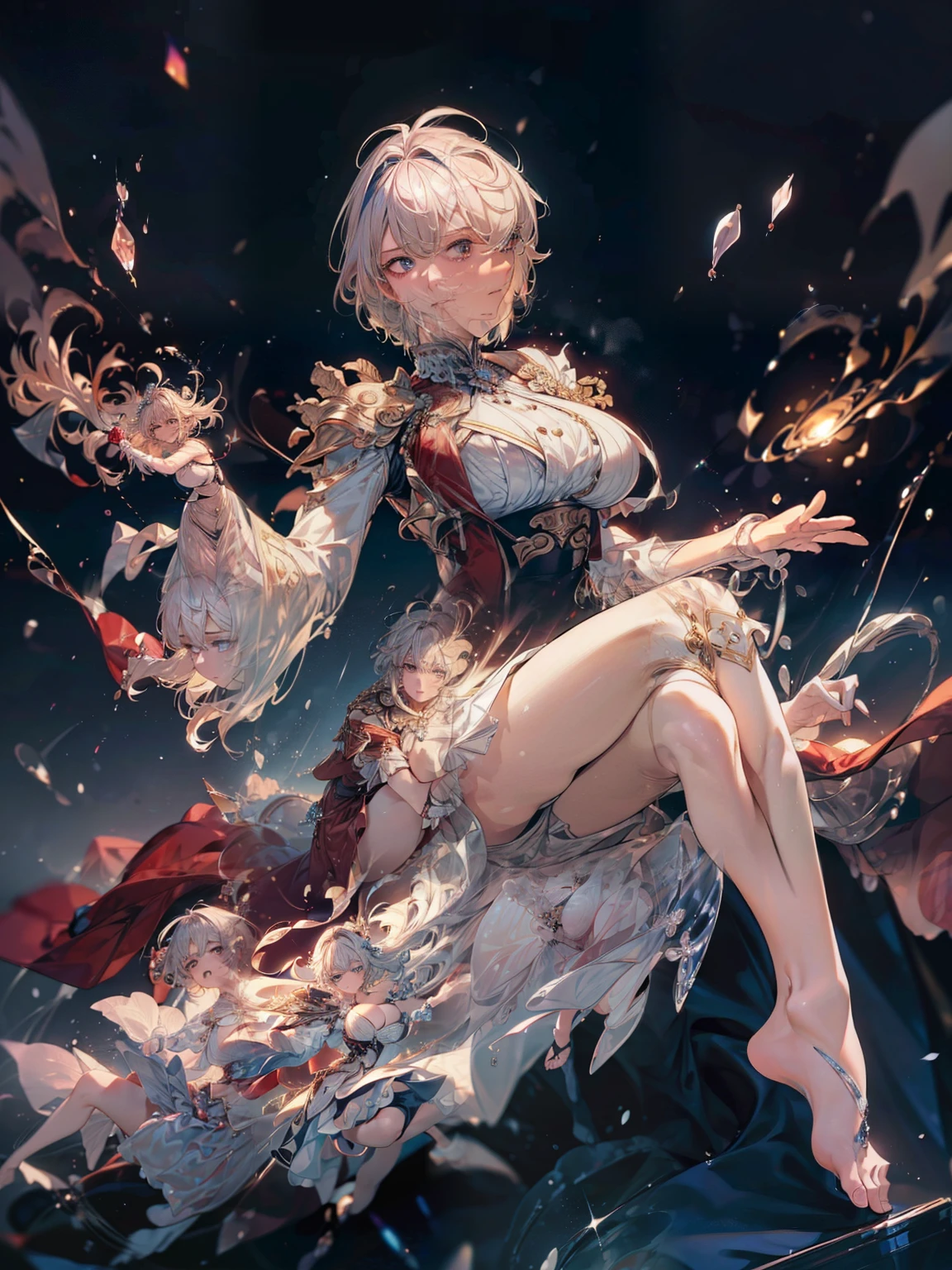 (( (masterpiece),(Very detailedな CG Unity 8k 壁紙),(Bust Shot:1.5), highest quality,Cinema Lighting,Photorealistic, Detailed Background,Beautiful and beautiful eyes,Bright Eyes,(Very elegant and beautiful),(Beautifully detailed eye depiction),Very detailed,masterpiece,High resolution)), Richly decorated armor, Beautiful Female Warrior, short hair, Platinum Blonde Hair, Cleavage、Various actions、Various clothes、 red costume、Various poses、Colorful costumes、whole body、Beautiful feet、極細のBeautiful feet