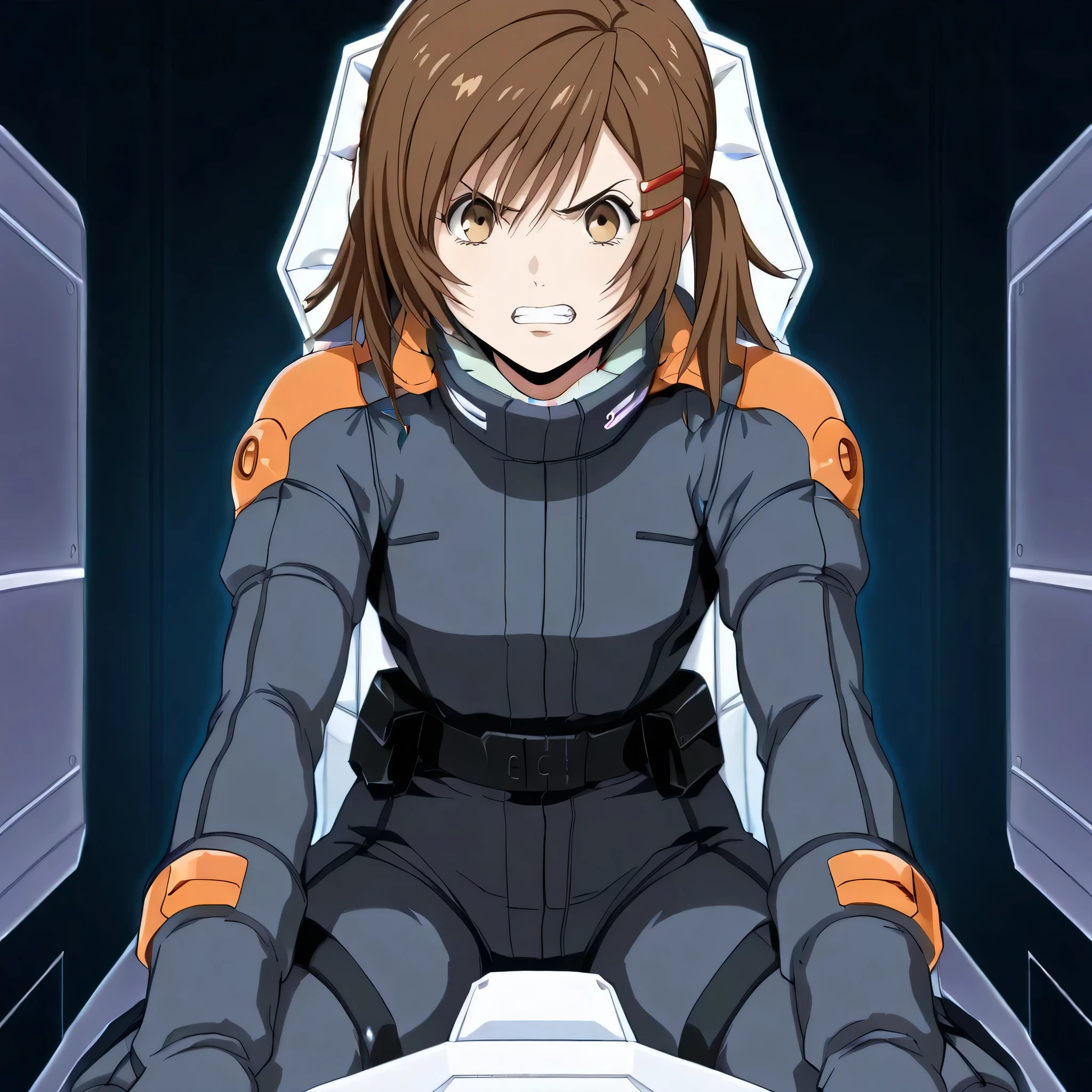 misa_GB, brown hair, brown eyes, hair ornament, hair clip, asymmetrical hair, short twintails, erious expression, clenched teeth,