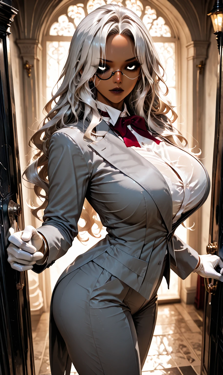 ((best quality), (hyper-realistic), mh-yk, 1 mature woman, alone, White hair, green eyes, long tied hair, wearing a private housekeeper uniform, wearing glasses with round lenses, dark blazer style with buttons red, tie and tight knee-length skirt followed by knee-high socks,, large,, twintails, mid-air, hair rings, looking at the viewer quite seriously, modern living room scene of a mansion, standing imposing and distinguished , Severe look (detail of huge breasts with cleavage, wide hips) housekeeper