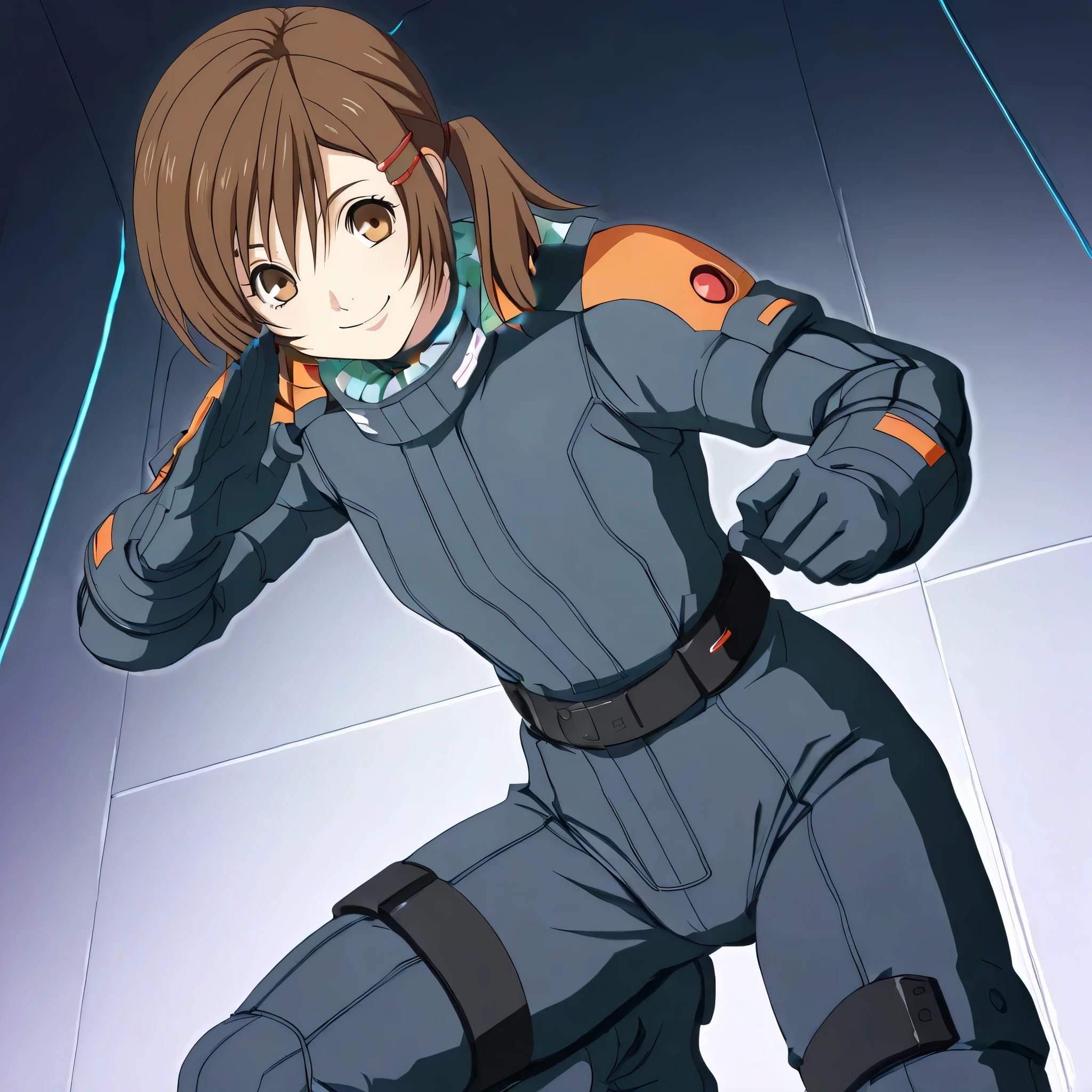 misa_GB, brown hair, brown eyes, hair ornament, hair clip, asymmetrical hair, short twintails, smile