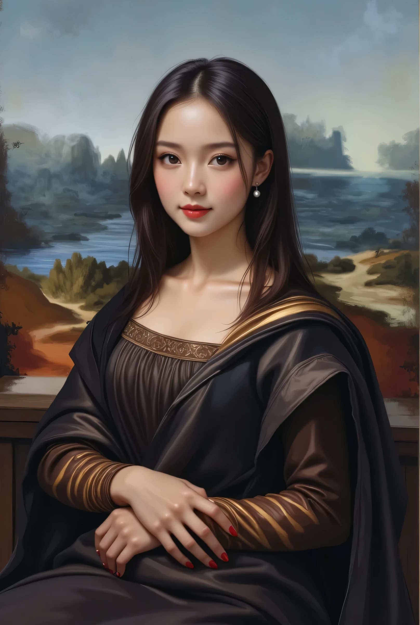 Show me a beautiful portrait painting of a Japanese lady in white overalls, sitting position similar to Monalisa's pose, smiling towards the front, cute circular face, slightly wide eyes with light brown pupils and long eyelashes similar to Arabs, but still visible Japanese lady's face, such as a slightly pointed nose, blushing red lips (( Japanese and Arab mulatto face )) cute and beautiful face, looking forward charmingly and beautifully, black loose hair, wearing pearl earrings, camouflaged background, detailed painting image, strong brush stroke style
