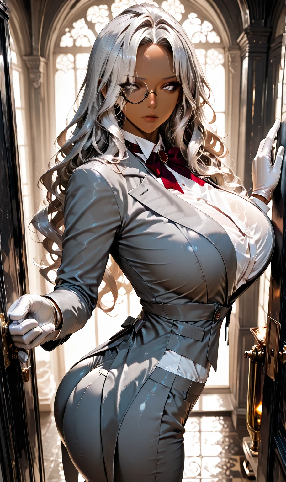 , (1girl), extremely detailed, d, perfect face, upper body, HDR, hellsing, integra, integra hellsing, standing, breast focus, breasts, large breasts, bare breasts, naked, nude, boob window, sexy, wide hips, thicc figure, Detailed blue eyes, Detailed face, Detailed eyes, perfect face, perfect eyes,  red corset 