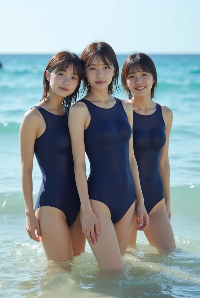 black hair, solid circle eyes, light smile, ccurate, best quality、Three beautiful girls、cute、smile、(((Short)))、(((Small breasts)))、Baby Face、(((White competitive swimsuit))), makeup, tareme, open mouth, shy, Surrealism, drop shadow, anaglyph, stereogram, tachi-e, pov, atmospheric perspective, Canon, 8k, super detail