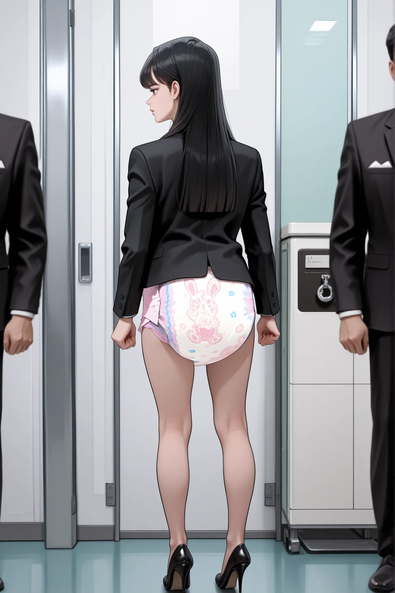 black hair,straight hair.diaper,Young and pretty female Korean flight attendant, Surreal Style , Examination room、
Abu Little Kings, 대한항공 diaper, back-print diaper, black suit, black tie, black high heels