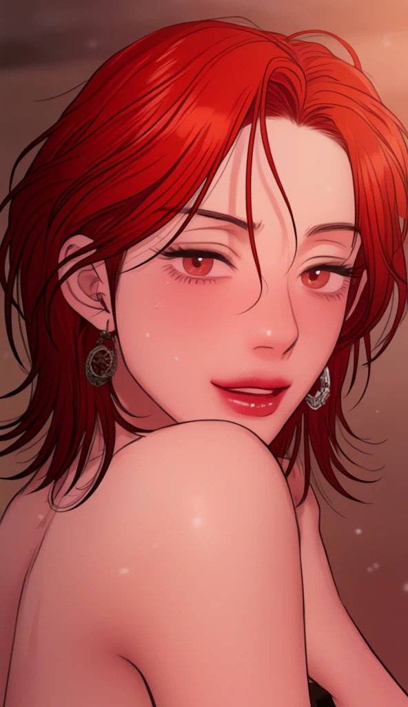 Portrait of a sexy topless 22 year old freckly glistening girl, dark red hair, big yellow-green eyes, plump bow lips, dripping erect nipples, ballerina frills, Rose petals, wet pussy peek pubic hair, realism, watercolor, 4K, High detail