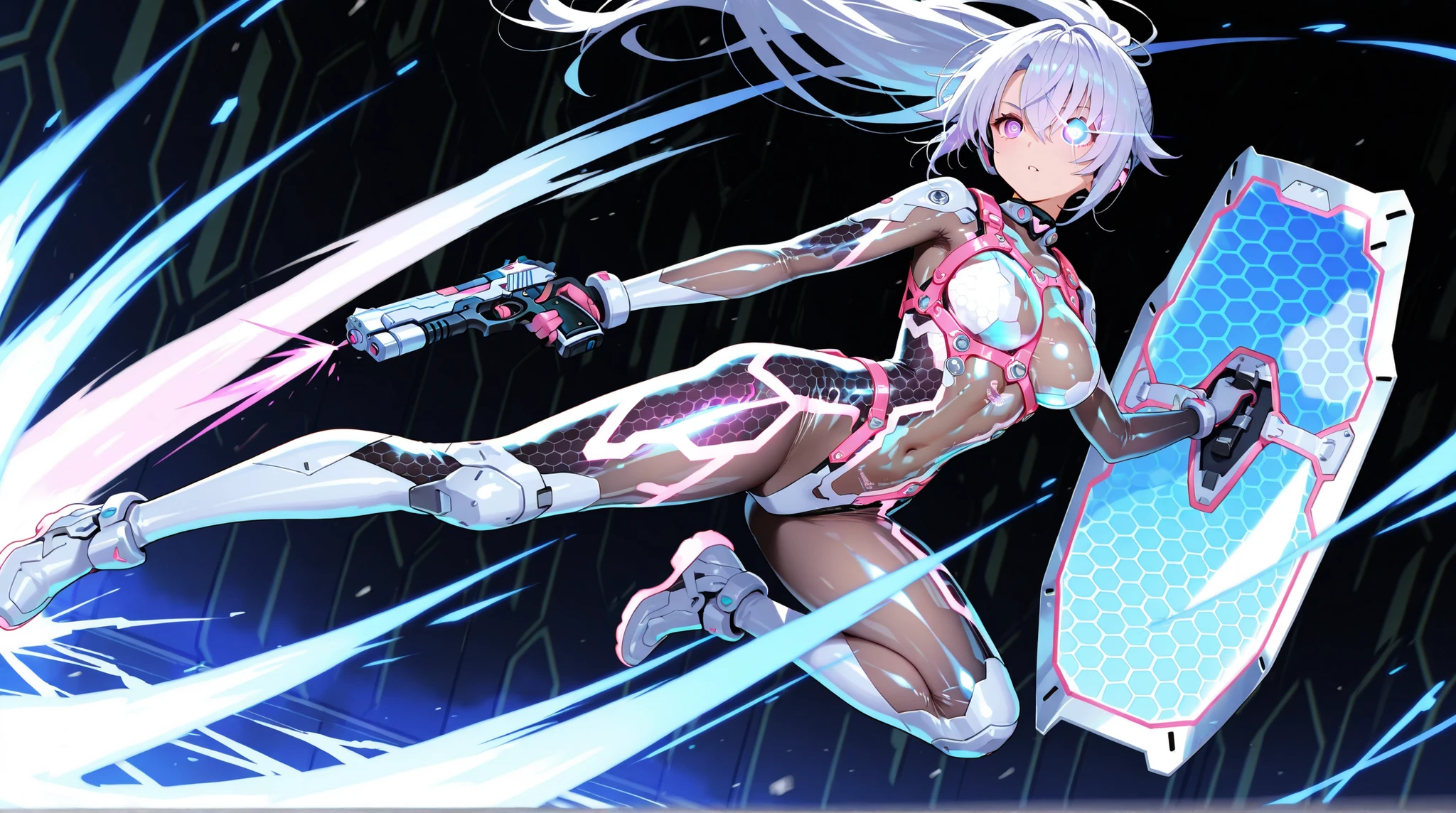 female, NEON HARNESS, HONEYCOMB DESIGN BODYSUIT,  cyber handgun , energy see-through shield,   DYNAMIC ACTION,