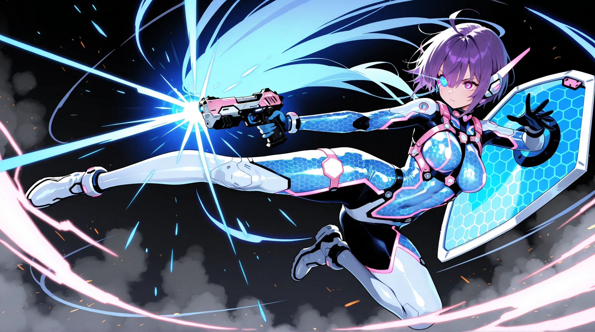 female, NEON HARNESS, HONEYCOMB DESIGN BODYSUIT, cyber handgun , energy see-through shield, DYNAMIC ACTION,