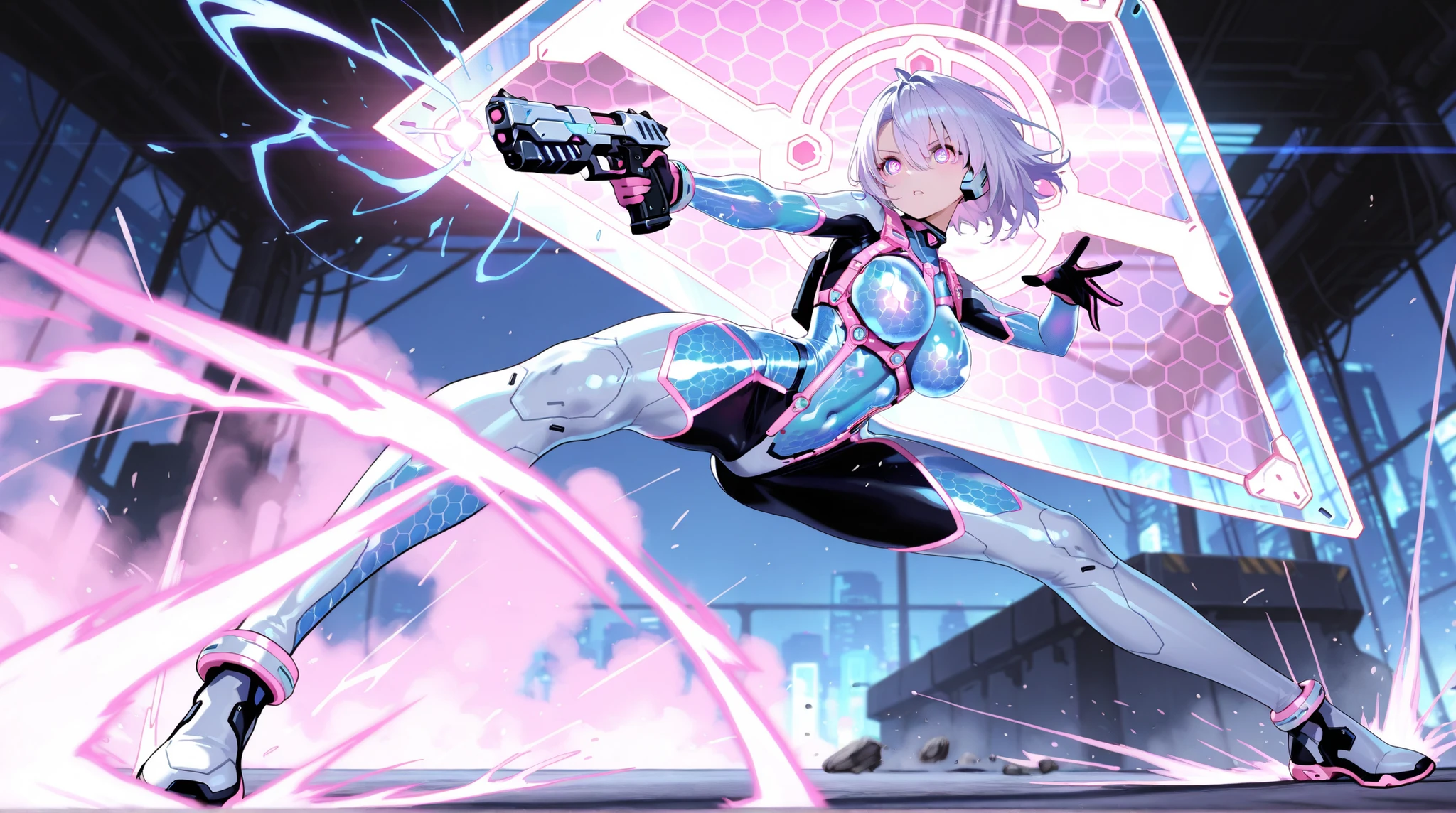 female, NEON HARNESS, HONEYCOMB DESIGN BODYSUIT, cyber handgun , energy see-through shield, DYNAMIC ACTION,