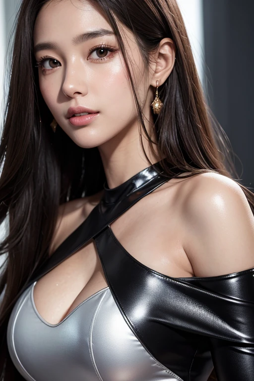 Sculpting sexy poses, (masterpiece:1.3), (8k, Realistic, RAW Photos, Highest quality:1.4), (1 female), Beautiful Face, Realistic face, (Detailed face), Beautiful Hairstyles, (Detailed Hair), Realistic eyes, (fine grain), Beautiful details, Realistic skin, (Detailed skin), Beautiful Skin, charm, Ultra-high resolution, Surrealism, Very detailed, (Large Breasts:0.5), The Beauty of Japan, (the body is slim), (sexy black cardigan), Mild, Brown Hair, (Supermodel body type), Cute Japanese, Cute young Japanese, (Simple gray background), Large Breasts :1.2, Improved division, shy, Wide Shot, (whole body), (A pattern is drawn on her naked body with black vinyl tape..,Bust Top,Her genitals are covered with tape cut into the pattern of fish scales... : 1.5),Long Hair,Red lipstick,((There'There is a big gap between the legs)),Black Tape Project
