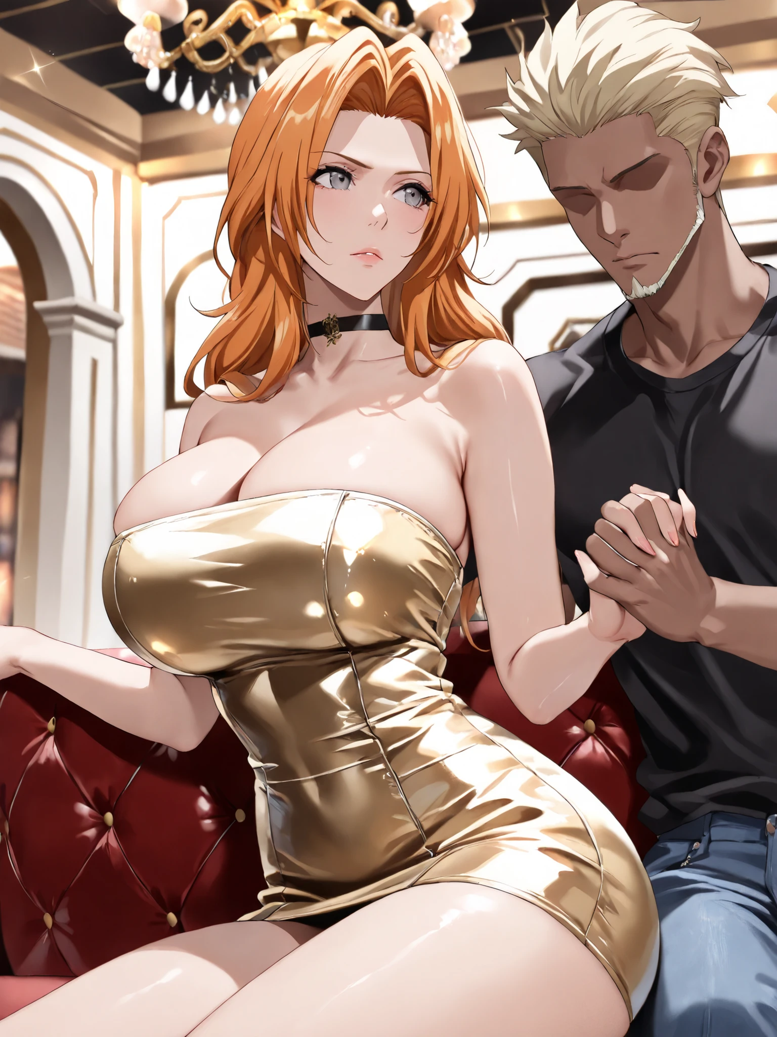 (masterpiece,best quality:1.4),16k,detailed skin,detailed face,detailed eyes,beautiful face,ideal ratio body proportions,BREAK,1woman,rangiku matsumoto,long hair,grey eyes,orange hair,parted bangs,(tall,slender,huge breasts,huge ass),BREAK,(ruanyi1025,black choker,tube dress,short dress,gold dress,strapless),BREAK,night club,sofa,chandelier,BREAK,serious,looking away,sitting,BREAK,nsfw,(hetero,1woman and 1man),(gyaruo,dark-skin,dark-skinned male,faceless male,faceless,netorare,blonde hair,no eyes,short hair,facial hair,1boy),(black t-shirt,denim),(holding hands,interlocked fingers),BREAK,(front view,front shot)