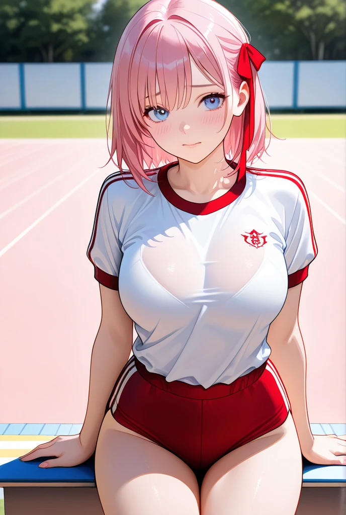muste piece、masterpiece、highest quality、Super detailed、High resolution、8K portrait、High definition CG of Unity 8k wallpaper、cute type little:1.5、Lori:1.5、Highly detailed CG unity 8k wallpaper、Realistic、real person、 portrait photography、shiny skin、High definition、(16 years old:1.2)、(1 girl)、beautiful clear eyes、extremely detailed description、delicate face、nice lips、slender body、(thin waist)、thin legs、(Atlantic stadium track:1.6)、1 girl, cute type, perfect face, seriously, (blush:1.5),(pink hair twintails:1.3),(flat chest:1.4),((short sleeve gym clothes:1.2)),((clothing lift:1.5)), ((half nude:1.3)),((climax in vagina:1.5)),(looking at view:1.2),(from front:1.2),gran,(hands behind head:1.2)