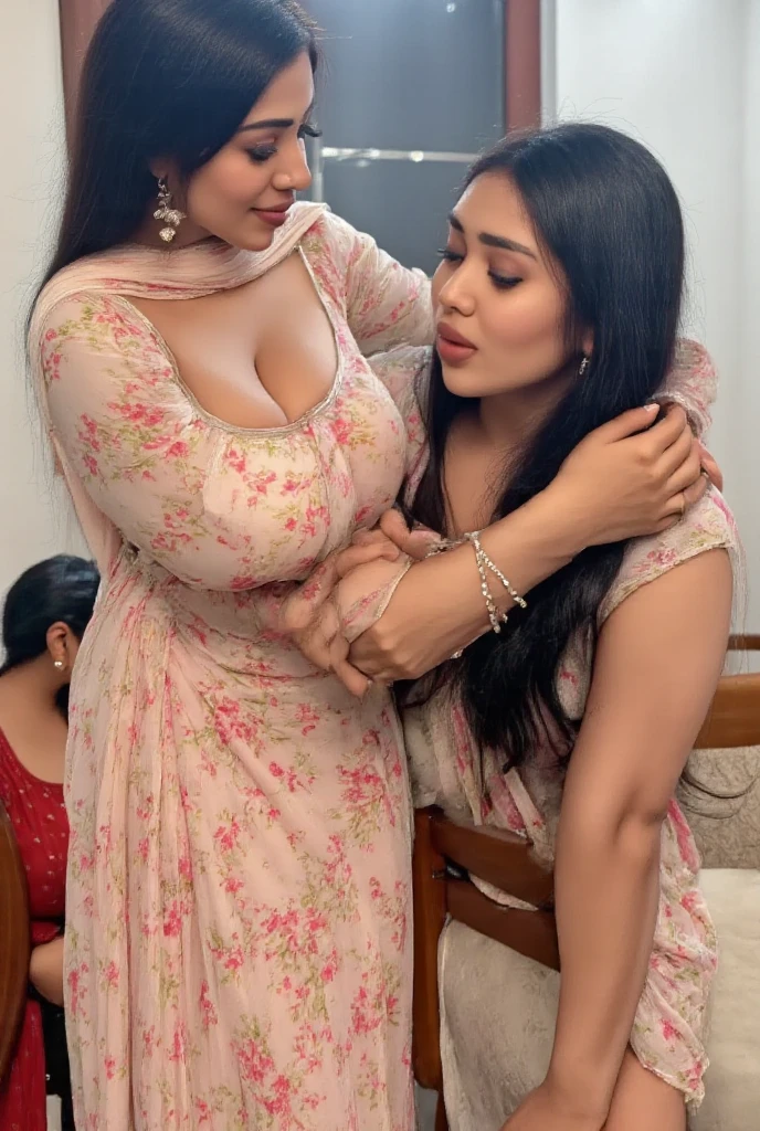 Janhvi Kapoor and Sara Ali Khan Indian lesbian girls, married, suhagraat, ready to make love, unbuttoning blouse, going for a kiss below neck, boob graze, lust, face to face, honeymoon, cute full body indian dress, cuddling in bed, feeling body, kissing mammary glands, playing with bosom, looking in eye, curiously, thirst for lips, busty, thirst for milky boobs, lesbian, in love