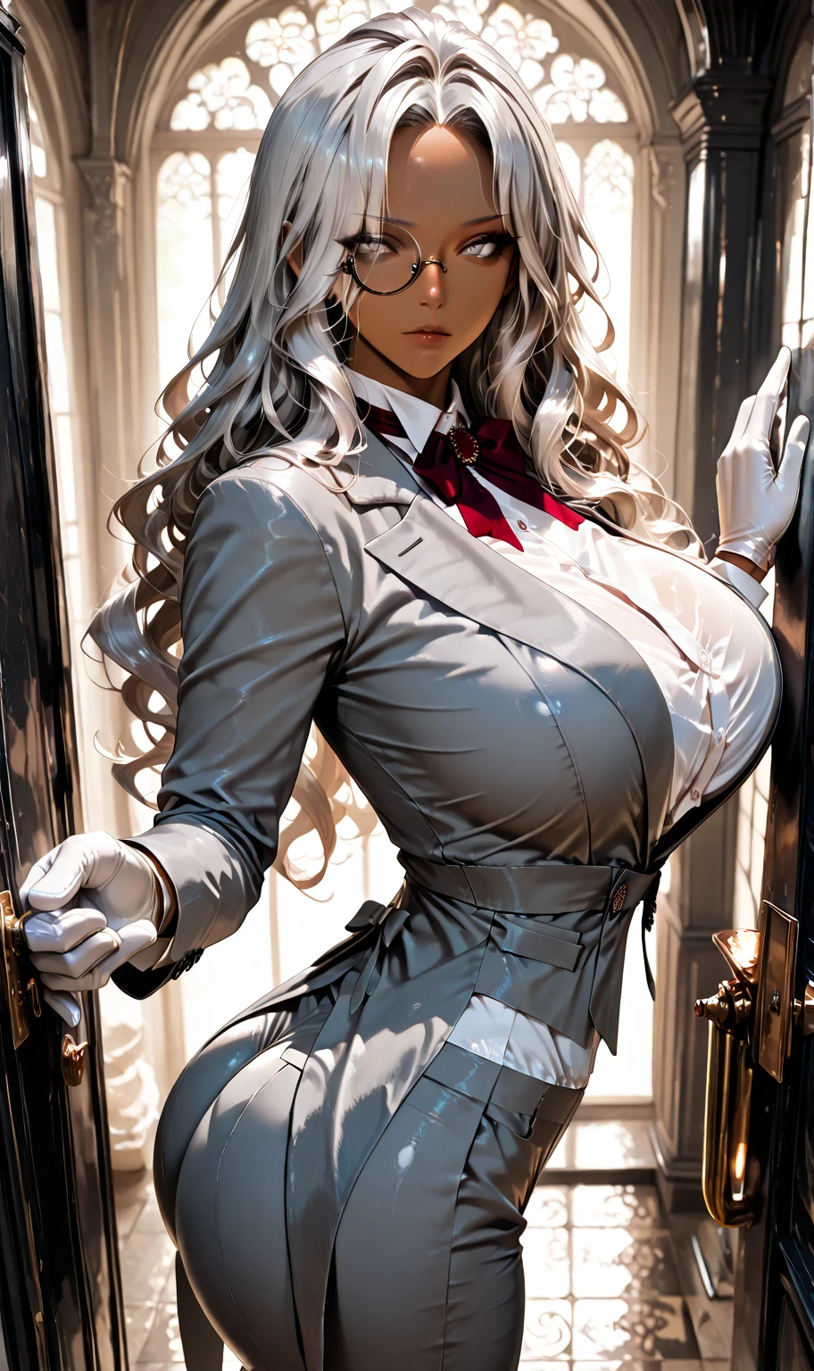 masterpiece, best quality, integr hellsing, integra, 1girl, solo, white pants, long sleeves , sitting, |{{{smug}}}, smug expression, head tilt, looking to the side, gigantic breasts, breast focus, boob window, bare breasts, arms at side, arms behind back, Detailed face, Detailed blue eyes, Detailed face, blue eyes, perfect eyes, perfect face, arms behind back, looking at viewer
