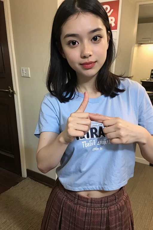 t-shirt, (detailed eyes:0.8), (looking at the camera:1.4), (highest quality), (best shadow), brown eyes, rim lighting, two tone lighting, dimly lit, low key, intricate details, interior, , swept bangs, open mouth:0.7,smile,