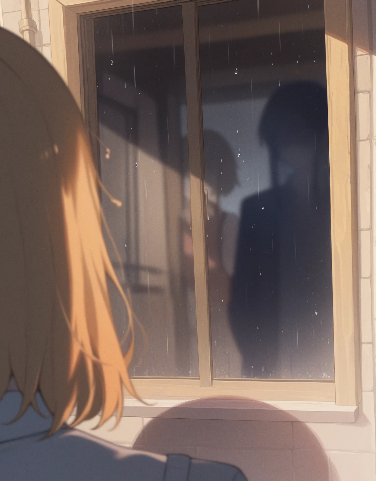 A couple embracing in bed, rain visible through a window, detailed anime style characters, happy scene, rainy window, 8k, masterpiece, dramatic lighting, romantic, intimate, emotional, soft lighting, warm tones, cozy, gentle, tender