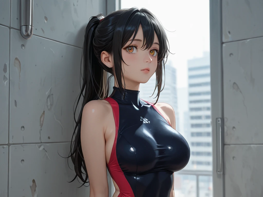 realistically、Super high saturation、8k、Long curly hair(((a 30 year old girl)))、((She is wearing an orange and navy blue turtleneck indigo swimsuit。)).、swim、Thighs are thicker、Emphasis on muscle development。、Various sexy pose swimプールround olympic 体操選手ics stadium 美しい顔, Highly detailed face and skin textures, (Eyes have small wrinkles, double eyelids, thin eyebrows, glitter eyeliner: 1.2, natural cheeks, skin shiny, White skin,, (shiny lips: 1. 4),Sweating 1.0、(((vitality)))