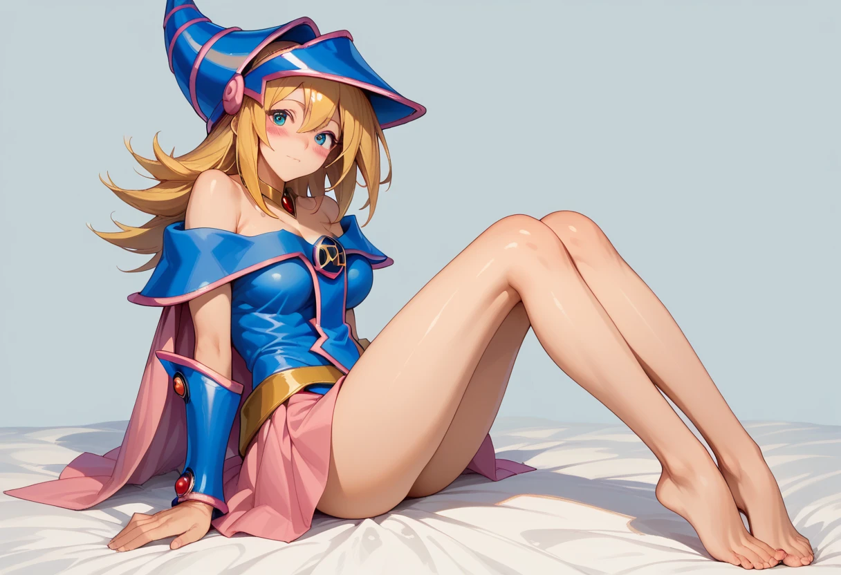1 girl, solo,Dark Magician Girl, masterpiece, best quality, highres, hmdmg1, wizard hat, blue boots, magician's staff, blush, blush stickers, cleavage, bare shoulders, dress, off shoulder, blonde hair, happy, open mouth, floating, magic and fantasy background, legs up,magic auras, symbols, side view, looking at the viewer, perfect anatomy, perfect hands