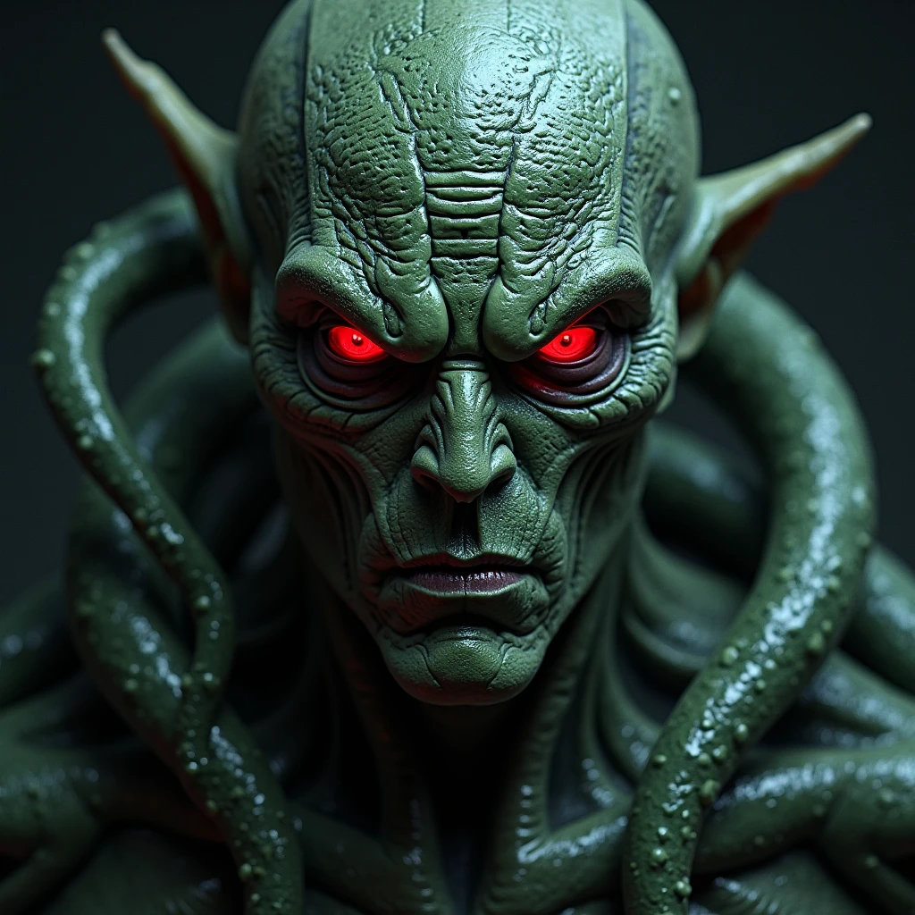 there is a statue of a man with green paint on his face, vecna from stranger things, lovecraftian creature, painted in zbrush, portrait of a mind flayer, lovecraftian sea creature, lovecraftian monster, creepy mutant flesh creature, zbrush contest winner, shodan from system shock 2, rendered in zbrush, mind flayer