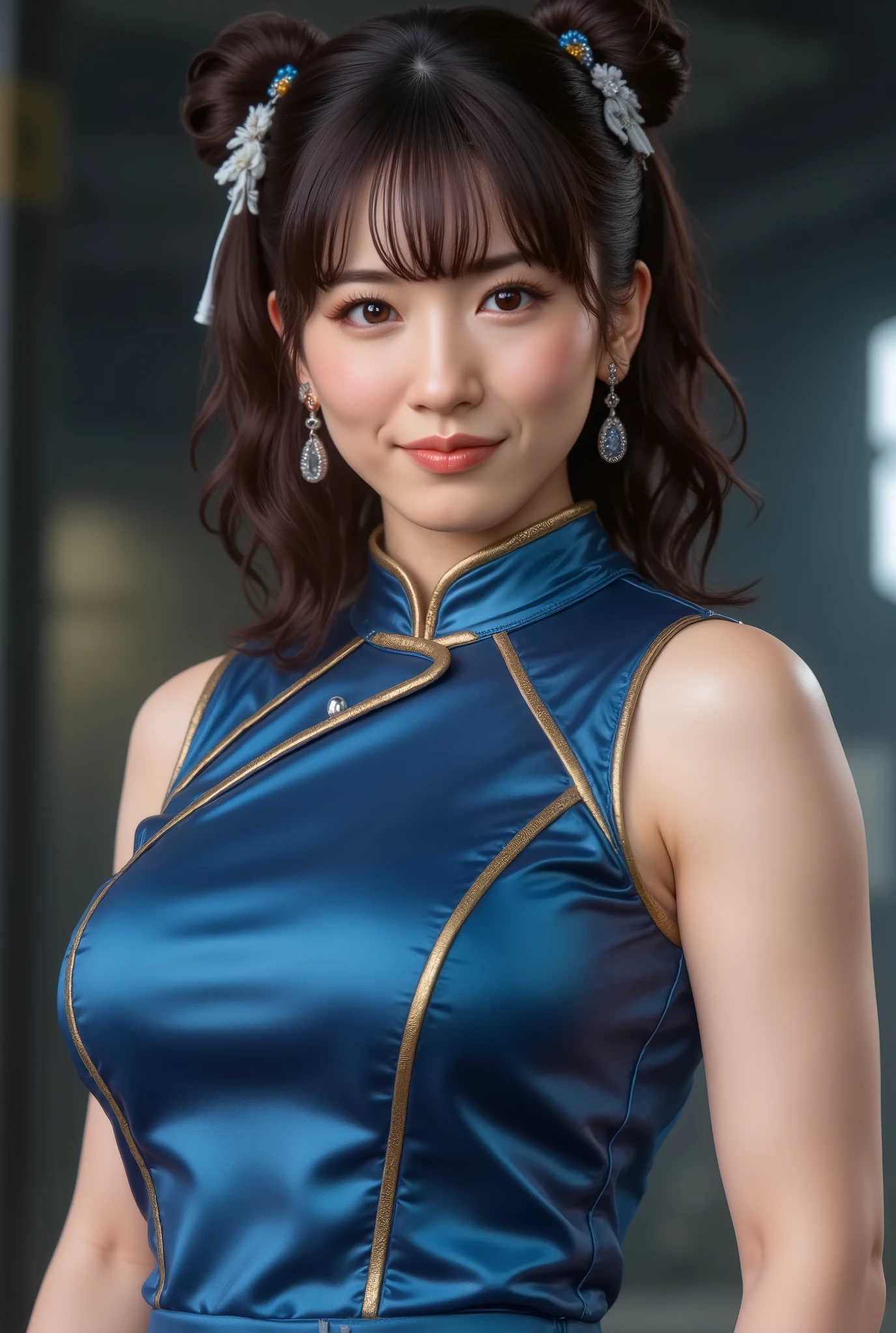 Chun-Li from Street Fight II,perfect chun li costume,Blue cheongsam with gold lines,Bun head,bun cover,fighting pose,masterpiece、1 beautiful girl、fine eyes、puffy eyes、highest quality, 超High resolution, (reality: 1.4), movie lighting、Japanese、asian beauty、Korean、super beautiful、beautiful skin、body facing forward、close up of face、(超reality的な)、(High resolution)、(8k)、(very detailed)、(美しくfine eyes)、(Super detailed)、 (wall-)、detailed face、bright lighting、1girl, twin tails, purple hair, purple eyes, china dress, underground, gigantic breasts, arms behind back, shiny smile, nipples,