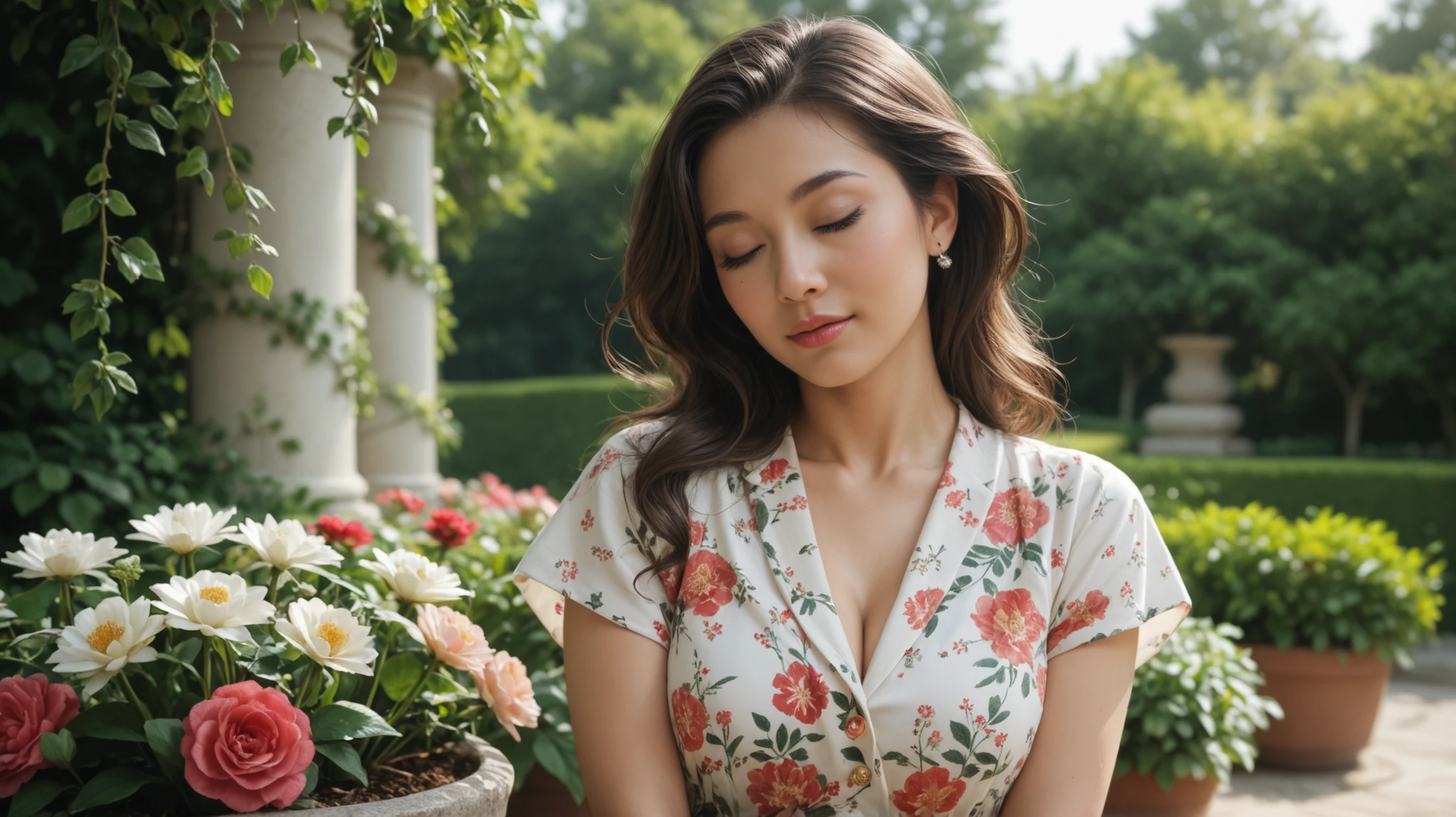 "A photorealistic image of a 30-year-old Japanese woman wearing a soft, elegant Casual Shirts. She is facing the camera directly with a calm and serene expression, hands gently pressed together in front of her chest as if in prayer. Her eyes are closed, radiating peacefulness. The lighting is soft and natural, highlighting her delicate features and the floral patterns on her dress. The background is subtly blurred, possibly suggesting a garden or softly lit interior, creating a tranquil and warm atmosphere."