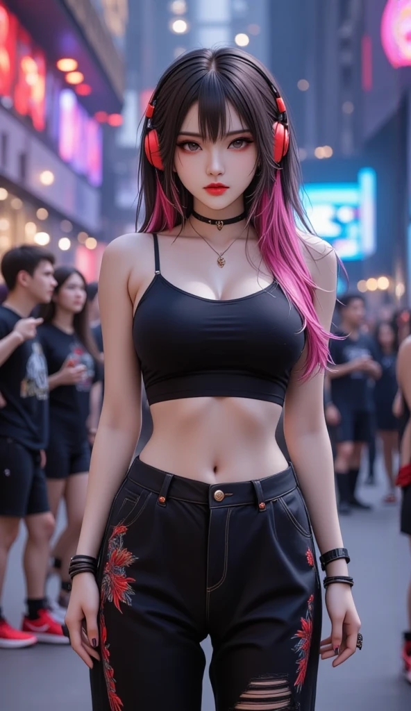 sfw, (absurdres, 8k, 4k, masterpiece, hyper extreme detailed:1.2), solo, 1girl, front view, perfect face, 1girl, portrait, expressive eyes, looking at viewer, solo, standing, mature female, pale, adult, looking forward, front view, confident, wind, windy, moving hair, front view, mature body, tomboy, adult, Newsboy Cap, long pink hair, black shorts, yellow belt, waist jacket, dark blue, medium bust, black wrist cuffs, black pupils, dark pink irises, hair down to back, egotistical, powerful, strong, proud, arrogant, ripped clothes, blue newsboy cap, right hand on hip, streetwear, fashionable, crazy face, crazy eyes, crazy smile, right bangs, necklace, bound, bondage, (arms behind back:1.4), bdsm, tape gag, tape, tape bondage, close-up, restrained, best anatomy, full body, tape wrapped, wrap gag, bondage, sitting down, wearing bra,((skinny waist)), young asian girl, ((big breasted)),