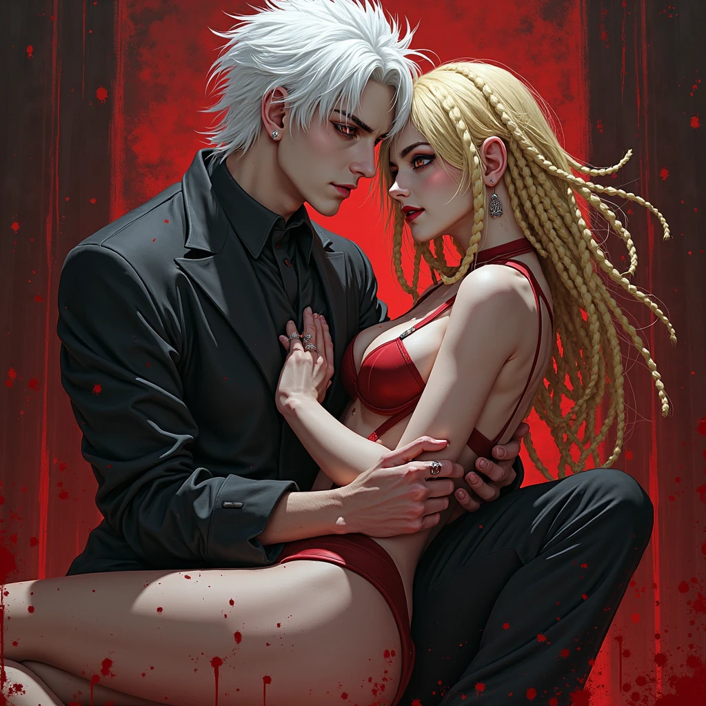 anime phonk horror cover blond warrior man with blood in the face who looks like Justin Bieber with a vampire girl with much blood on her, everything in neon green colors background creative