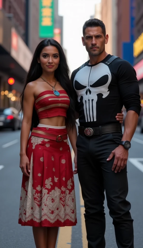 full body shot, two people one , an attractive woman in native costume, Pocahontas, smile, Portrait of a young Pocahontas, Portrait of Pocahontas, warrior dress. and a strong athletic man is Superman, They are standing in a rustic office where there is a sign that says digital marketing in the background