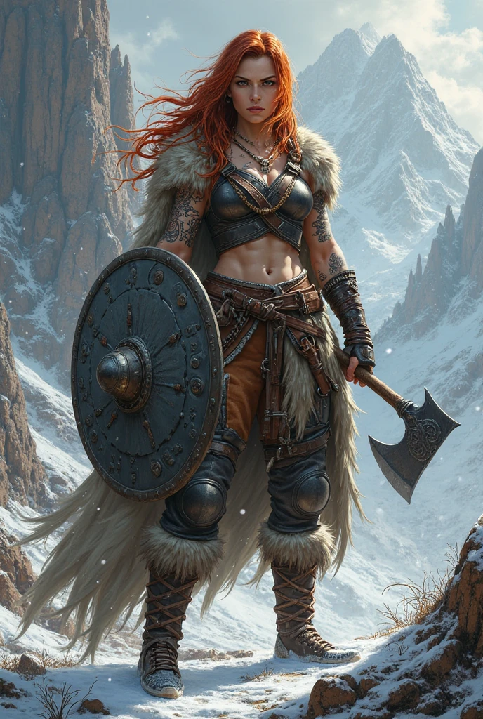 uma mulher com uma espada em uma paisagem de montanha nevada, uma mulher berserker muito bonita, Guerreira do Norte, very beautiful female barbarian, Guerreira adulta do norte, barbarian warrior woman, female warrior, uma bela mulher guerreira, portrait of a barbarian woman, fantasia paladin mulher, linda guerreira, barbarian woman, Graphic artist Magali Villeneuve, Magali Villeneuve»