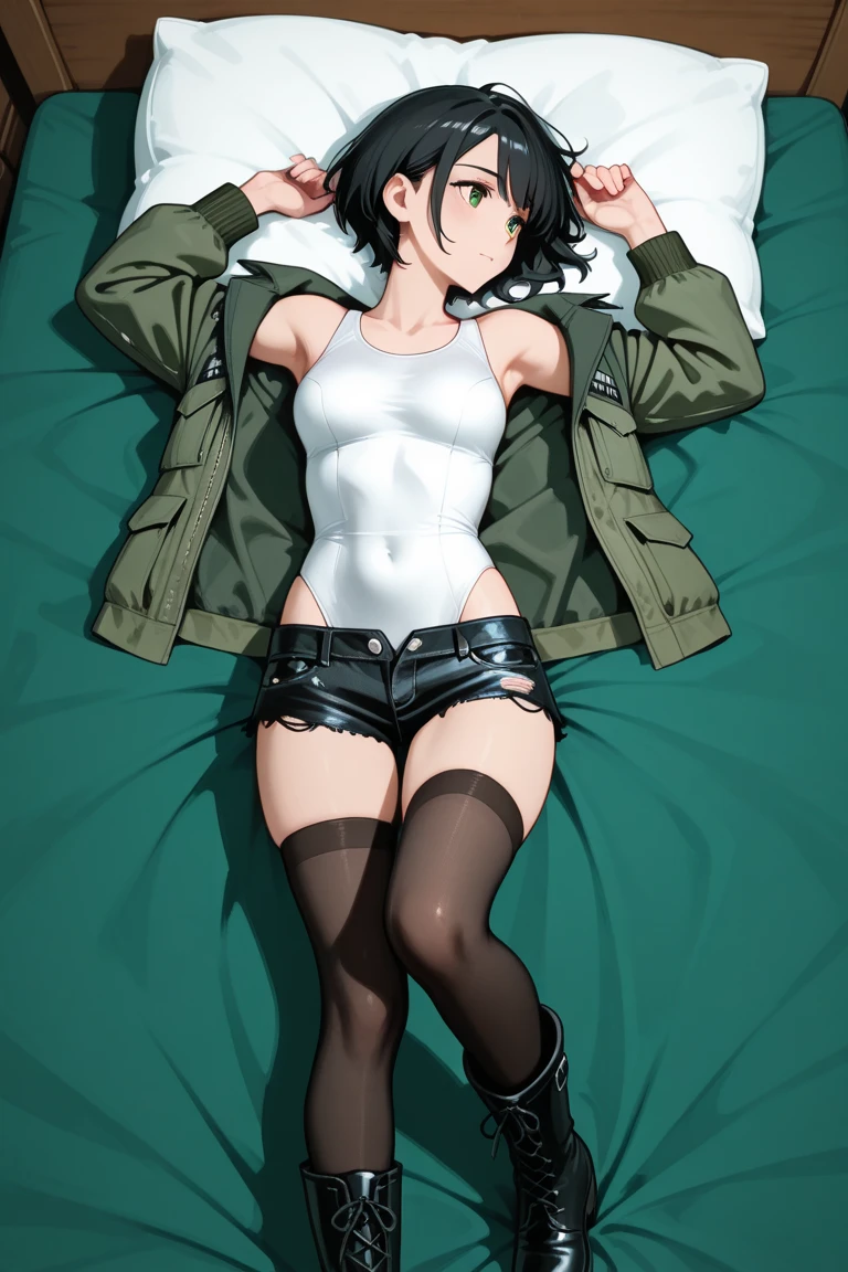 SFW:2.0,Green bra,On the bed,Turn around, subjective,All fours,back,swet pantyhose,wet:1.5,open legs,panty drop