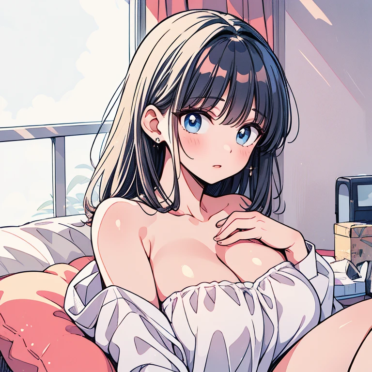 ((of the highest quality, 8K, masutepiece: 1.3)), Beauty, hide face, 1 girl, Beautiful: 1.3, Slender Abs: 1.1, Camisole, cleavage, Short black hair , (While sitting on the bed), hyperdetailed face, very detailed lips, Detailed eyes, Double eyelids