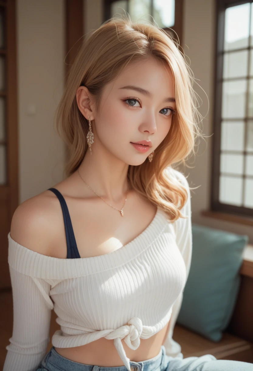 (masutepiece:1.3), (8K, Photorealistic, Raw photo, Best Quality: 1.4), (((A Japanese Lady))), super model, (1girl in), Beautiful face, (Realistic face), (Long Blonde Hair), Beautiful hairstyle, Realistic eyes, Beautiful detailed eyes (Yellow eyes), (Realistic skin), Beautiful skin, (Sweaters), absurderes, Attractive, 超A high resolution, A hyper-realistic, Highly detailed, Golden ratio, 23years old, full body Esbian