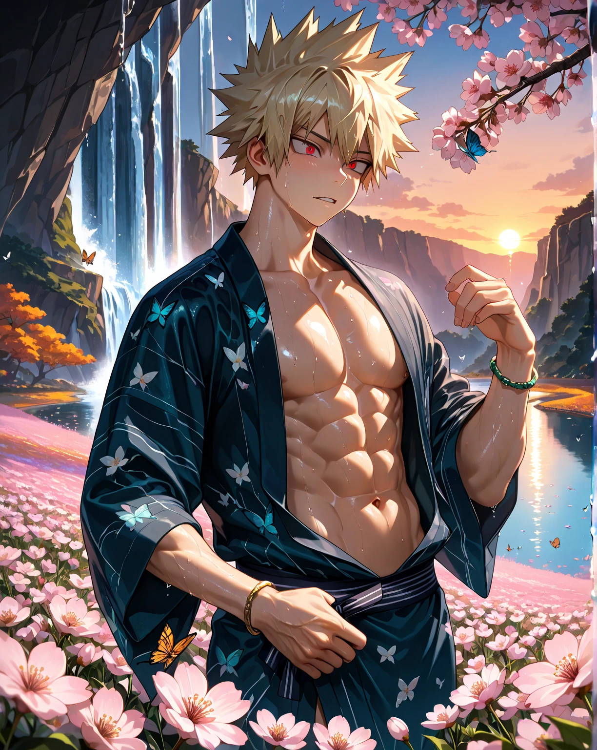 Top quality, Photorealistic, 8K, High definition, Unity 8k wallpaper, A high resolution, ultrasharp, Masterpiece, ((Masterpiece)), Best quality, Intricate details, Expressive eyes, Perfect face, Detailed face, Carefully open your eyes, Detailed eyes, Highly detailed and delicate figure art, Ultra-realistic, Detailed body, Detailed pectorals, ((Male focus)), Detailed muscles, From Boku Hero Academy,Katsuki Bakugo, soaked in the hot spring, onsen at night,red eyes, huge bulge, with wet skin, big legs, transparent swimwear