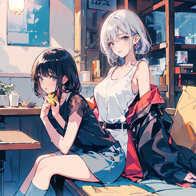 Two girls sitting on a terrace drinking coffee,Boyish hairstyle,Large Breasts,Very short hairstyle,Spiked Hair,