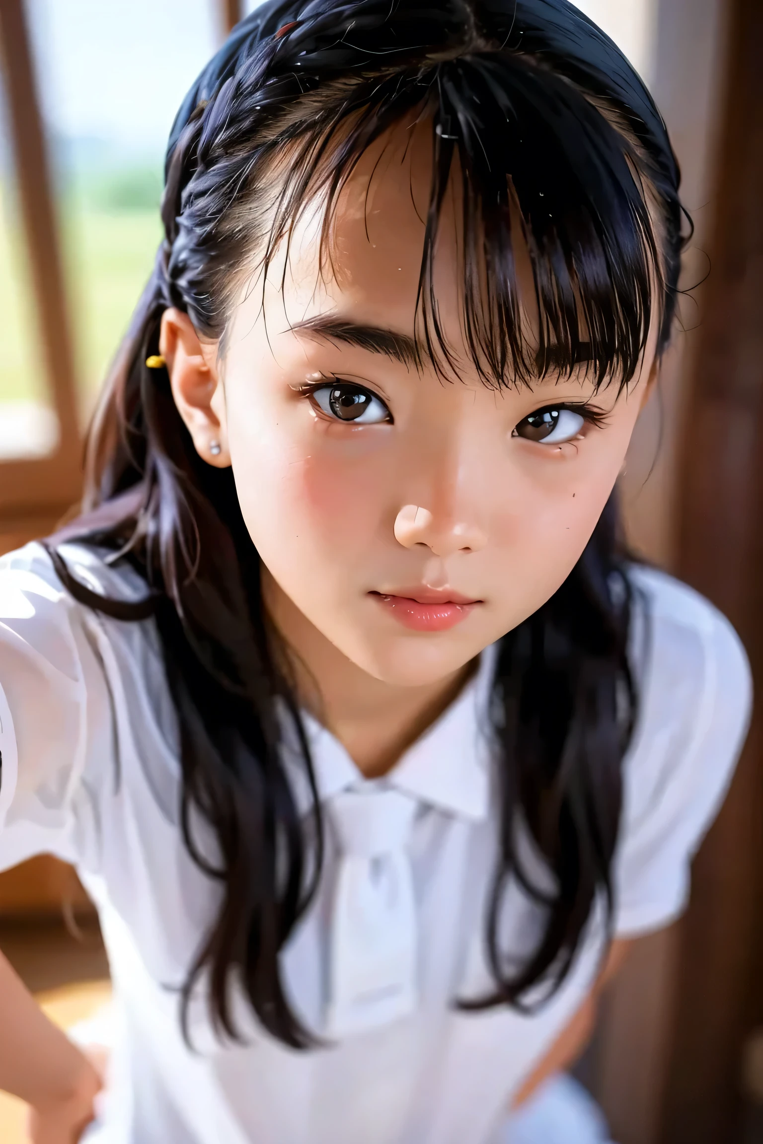 Adorable, classroom、 Thighs、Japanese Girls, (Portraiture, close:1),Curly shorthair, Scrunchie,( cheek,Glossy Lips:1),Ruffled Uniform、 View your viewers, ,Sweaty, (), (Embarrassing, smile:0.7), (Pale skin:1.1), (From the side), sunset, catch_Light,