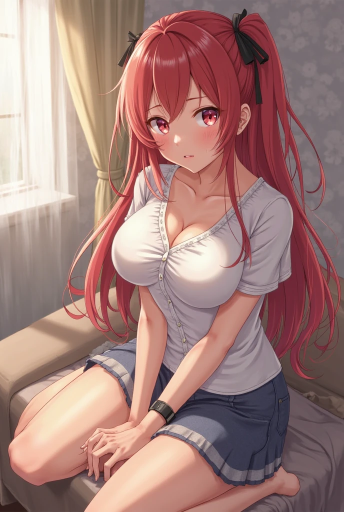 red hair, large breasts, underwear, in, cleavage, navel, white shirt, (brachial), skirt, lie, Body, sexy, sitting, star hairpins,