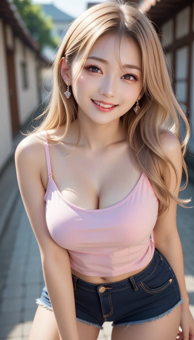 Girl, Single, 15 years old, Best quality, Very big breasts, Best Masterpiece, Blonde, Smiling, Schoolgirl, Sleeveless, Gal, Mature face, cleavage, drooping eyes, Panties visible