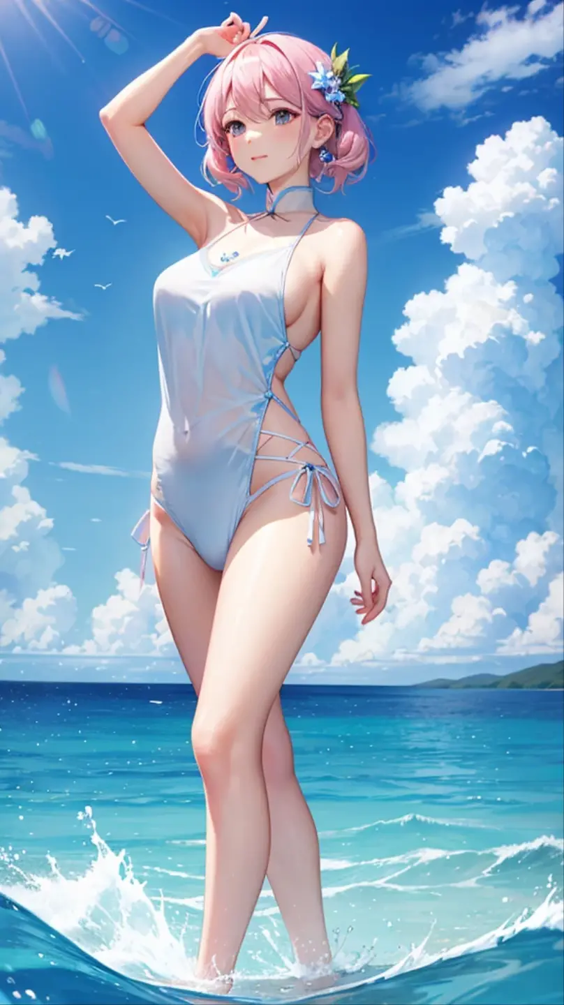 (masterpiece:1.5, best quality:1.5), (hyper realistic:1.5), (photo realistic:1.5), (real picture, intricate details), looking at viewer, (8k wallpaper:1.5) (knee to head): 1.15), (face detail: 1.5), ( Eye detail: 1.5), (sharp photo), high detail, ultra detail, super high resolution, (strong depth of field: 1.5) Style - cute and playful Positioning - Open scene background - sunset by the sea - blue dress with sun hat on top and girl holding shell - front view appearance - long hair, bright eyes, rosy cheeks costume, bare feet, posture - Stand with a smile with your back to the sea Details - ocean, waves, sand, coconut trees, seabirds in the background, effects - warm sun shining on the girl, Casting a soft glow Description - A pure maiden enjoying her time on an open beach, surrounded by the beauty of the sea. She wore a short-sleeved shirt, beach pants, a sun hat and a shell. The warm sun was shining on her, and the waves were gently lapping the shore. Crabs crawl on the beach, adding to the playful atmosphere.